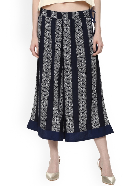 

People Women Navy Blue & White Printed Straight Palazzos