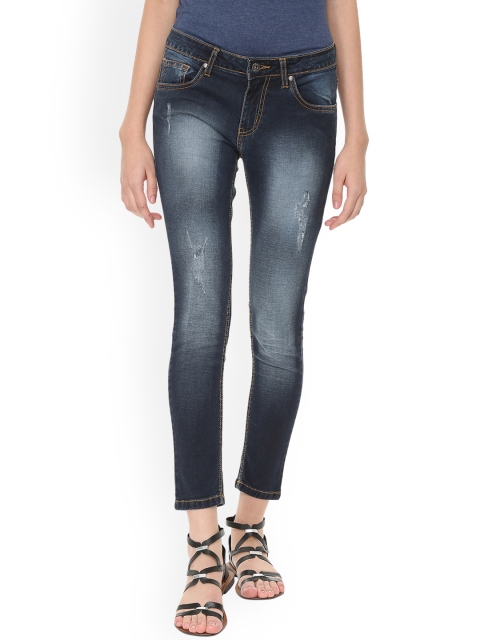 

People Women Navy Blue Regular Fit Mid-Rise Mildly Distressed Stretchable Jeans