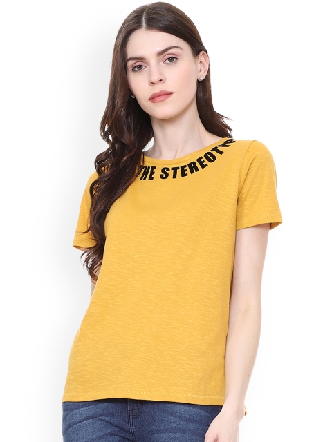 

People Women Yellow Printed Round Neck T-shirt