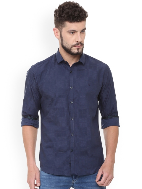 

V Dot Men Navy Blue Slim Fit Self Design Casual Shirt