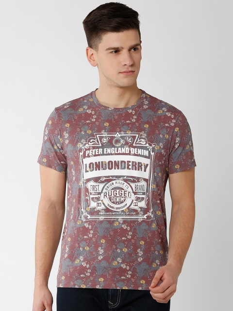 

Peter England Casuals Men Burgundy Printed Round Neck Pure Cotton T-shirt