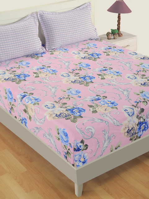 

SWAYAM Pink & Blue Floral 160 TC Cotton 1 Extra Large Bedsheet with 2 Pillow Covers