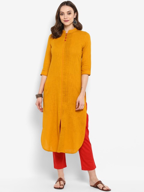 

Meeranshi Women Mustard Yellow Self Design Kurta with Trousers