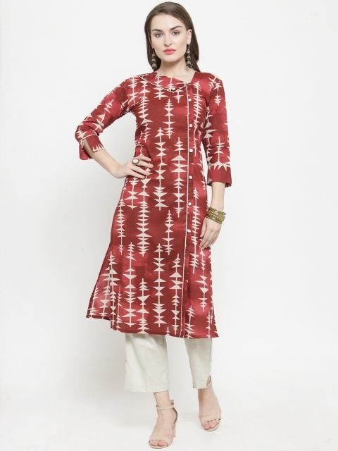 

Indibelle Women Maroon & Off-White Printed Straight Kurta