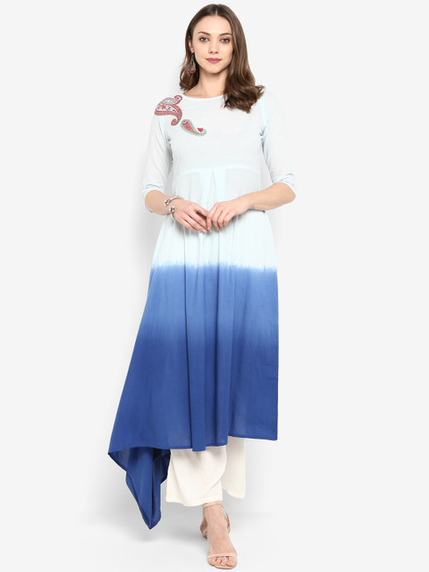 

Meeranshi Women Blue Colourblocked Asymmetric A-Line Kurta