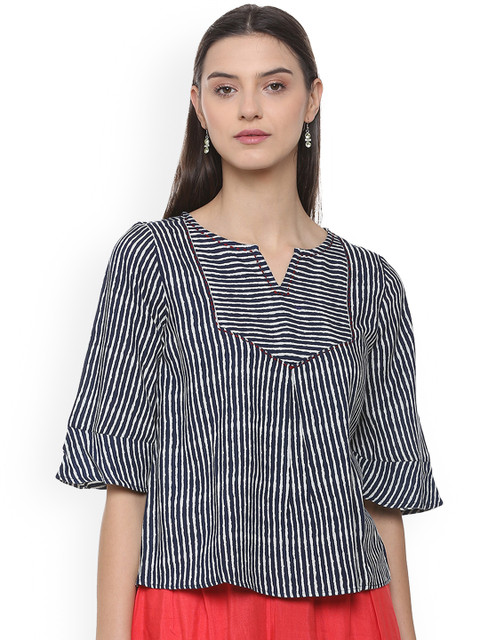 

People Women Navy Blue Striped A-Line Top