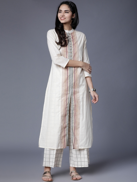 

Vishudh Women Cream-Coloured Striped Kurta with Palazzos