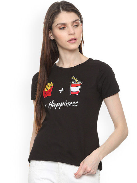 

People Women Black Printed Round Neck T-shirt