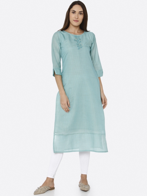 

RAISIN Women Turquoise Blue Striped Straight Kurta