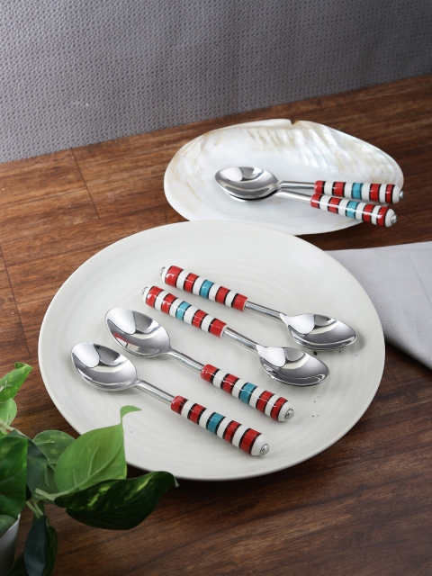 VarEesha Red & White 6-Pieces Printed Handpainted Stainless Steel Spoon Set