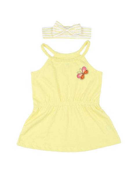 

Pantaloons Baby Girls Yellow Solid Cinched Waist Pure Cotton Top with Hairband