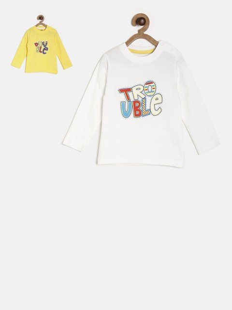 

MINI KLUB Boys White Yellow Pack Of 2 Printed Round Neck Pure Cotton T-shirt