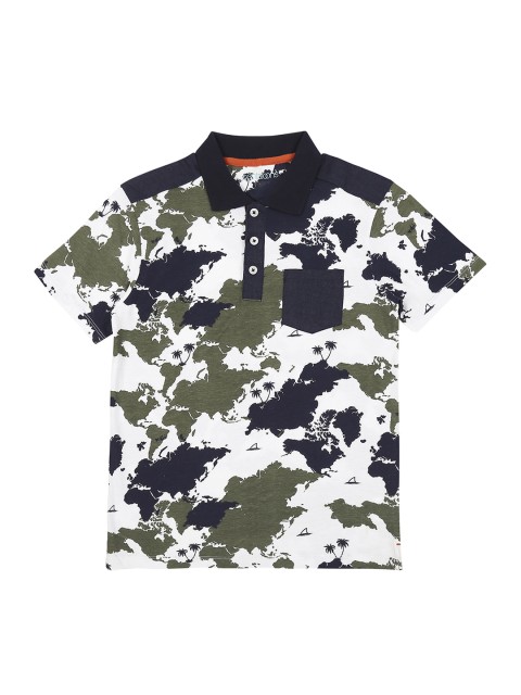 

Pantaloons Junior Boys White Printed Polo Collar Pure Cotton T-shirt