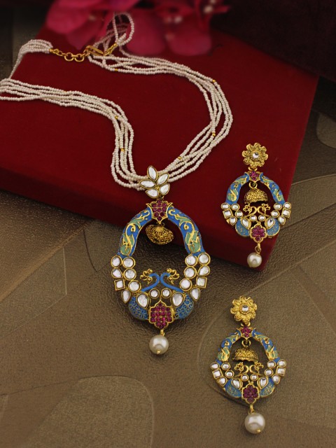 

Sia Art Jewellery Women Gold-Plated & Blue Beaded Stone-Studded Jewellery Set