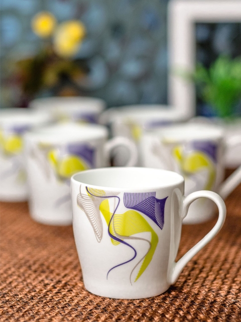 

SONAKI White & Yellow Set of 6 Printed Bone China Cups Set