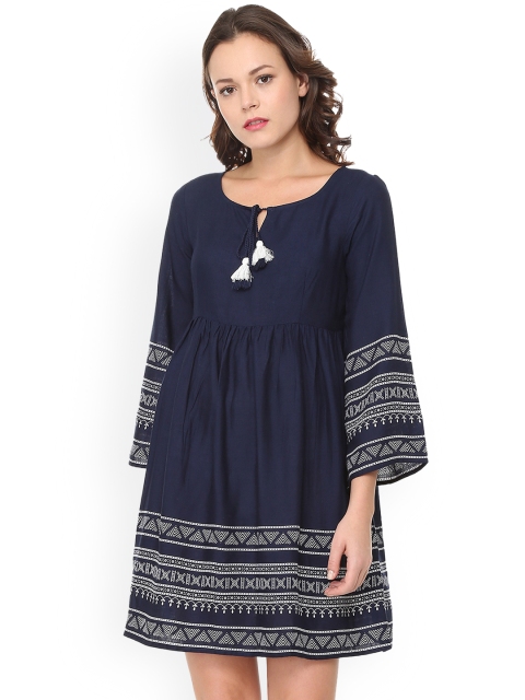 

People Women Navy Blue Printed Empire Dress