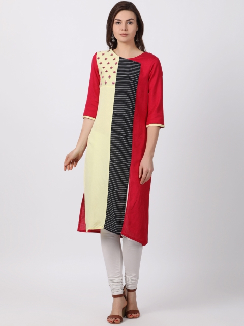 

Alena Women Red & Black Colourblocked Straight Kurta with Floral Embroidery