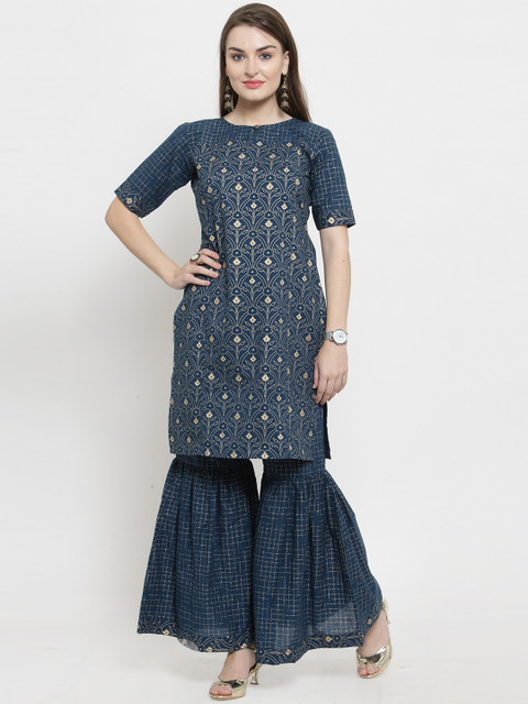 

Indibelle Women Blue Printed Kurta with Palazzos
