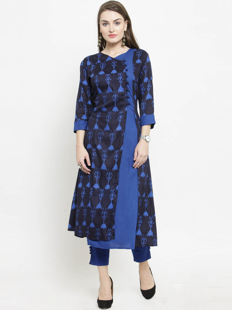 

Indibelle Women Blue Printed Layered Kurta with Trousers