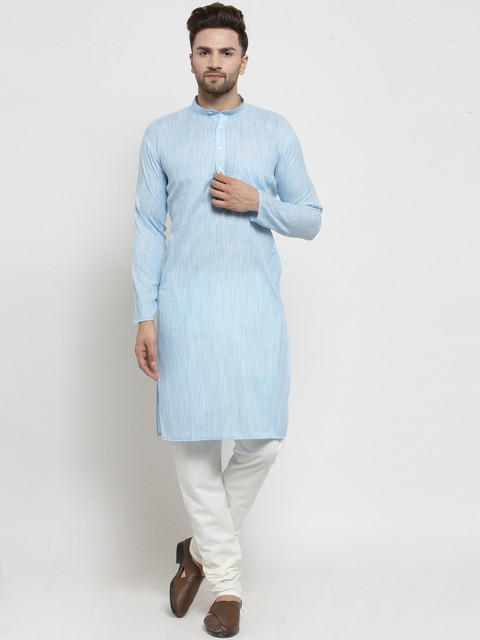

Jompers Men Blue & White Self Design Kurta with Churidar