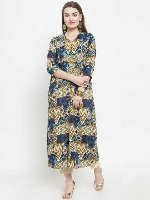

Indibelle Women Blue & Cream-Coloured Printed Kurta with Trousers