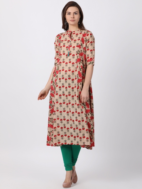 

Alena Women Beige & Red Printed A-Line Kurta