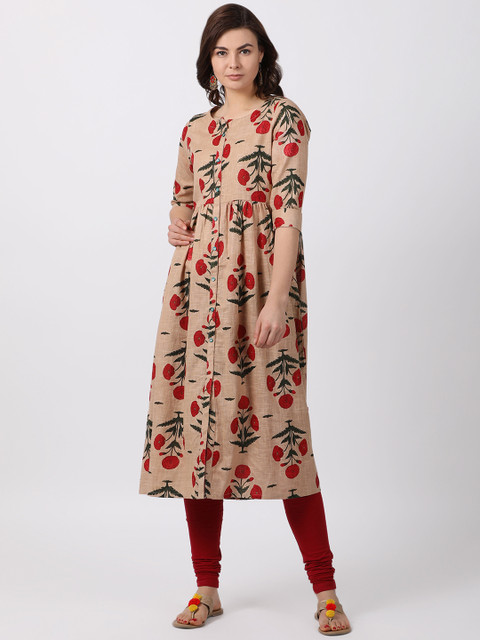 

Alena Women Beige & Red Printed A-Line Kurta