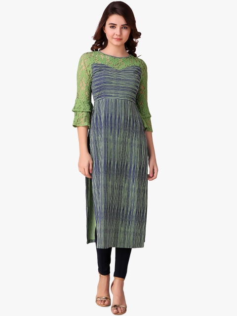 

Texco Women Green & Navy Blue Striped Straight Kurta