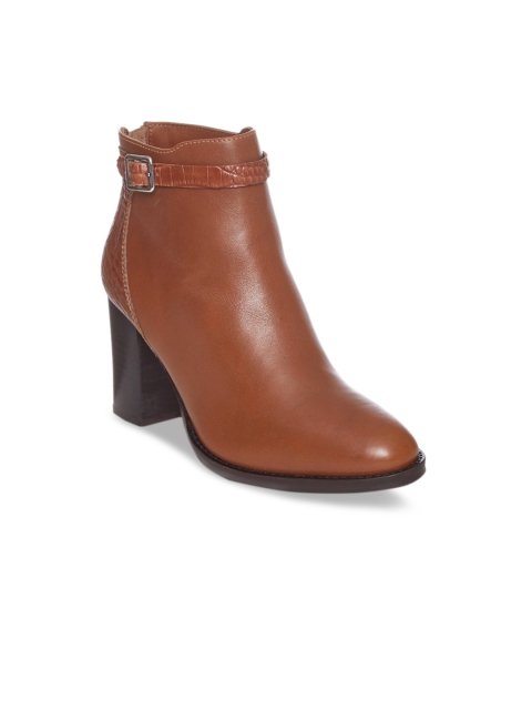 

Saint G Women Tan Brown Solid Leather Heeled Boots