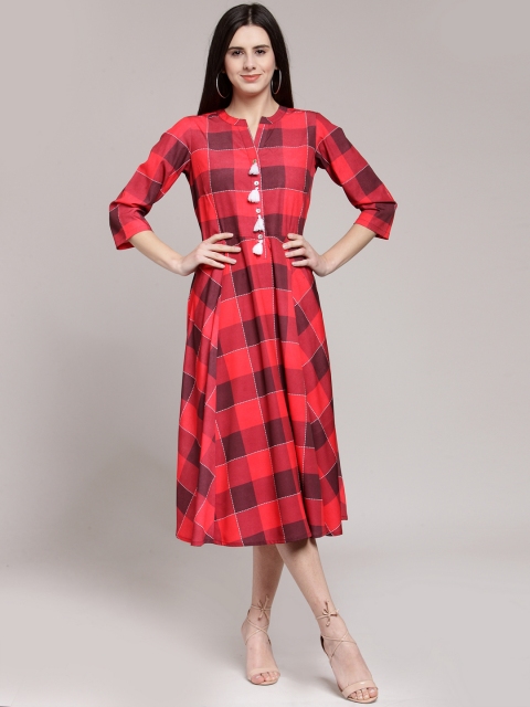 

plusS Women Red Checked Fit and Flare Dress