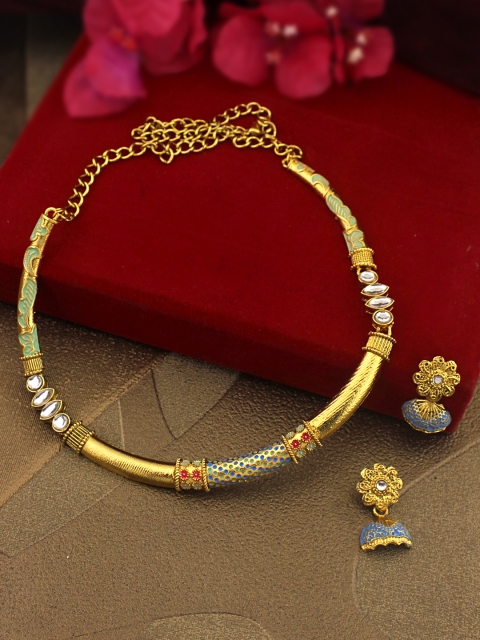 

Sia Art Jewellery Women Gold-Plated, Blue & Green Stone-Studded Jewellery Set
