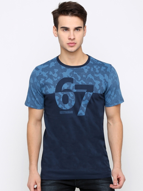 

Maniac Men Navy Blue Printed Round Neck Pure Cotton T-shirt