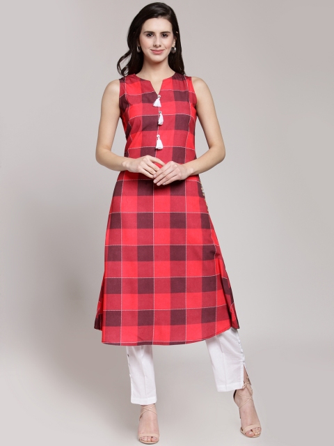 

plusS Women Red Checked Straight Kurta