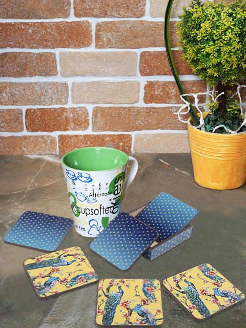 

HOUZZCODE Set of 6 Yellow & Blue Printed Coasters with Stand