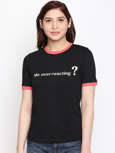 

ANWAIND Women Black Printed Round Neck T-shirt
