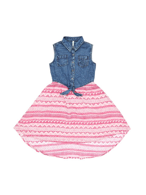 

Pantaloons Junior Girls Blue & Pink Printed Denim Shirt Dress