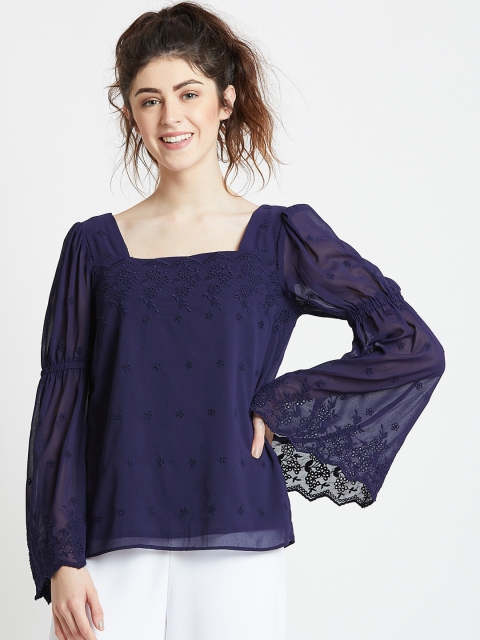 

COVER STORY Women Navy Blue Schiffli Embroidered Top