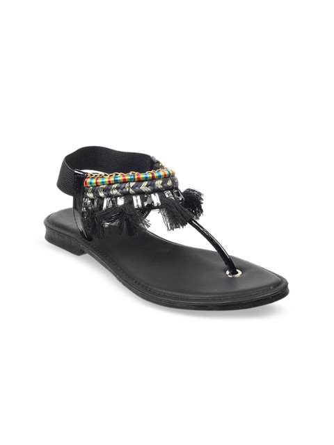 

SOLE HEAD Women Black Solid T-Strap Flats