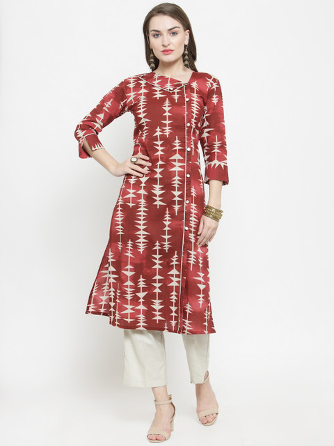 

Indibelle Women Maroon & Off-White Printed Kurta with Trousers