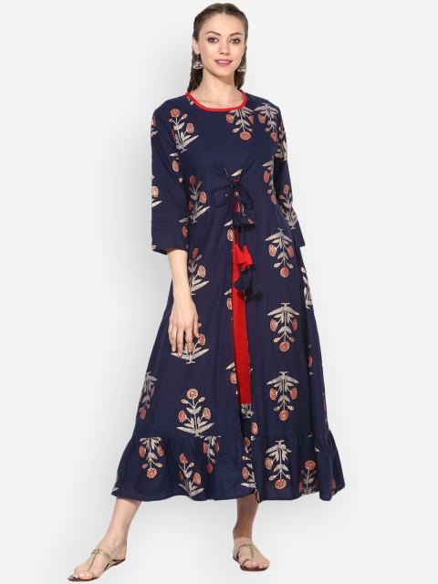 Myshka Women Blue & Red Printed A-Line Layered Dress