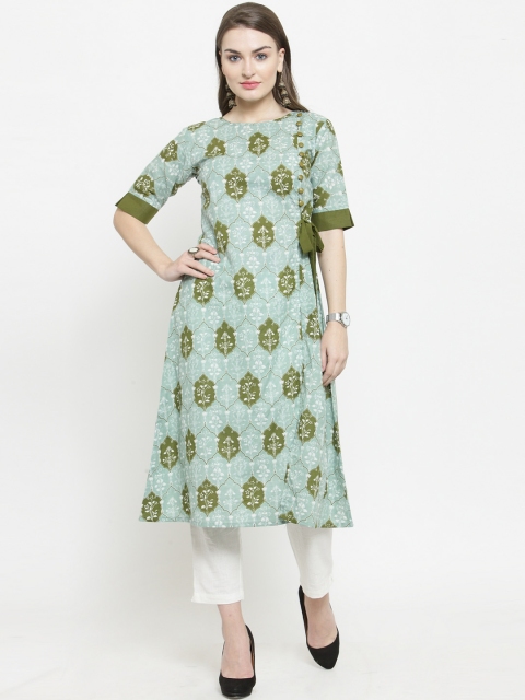

Indibelle Women Green & White Printed Kurta with Trousers