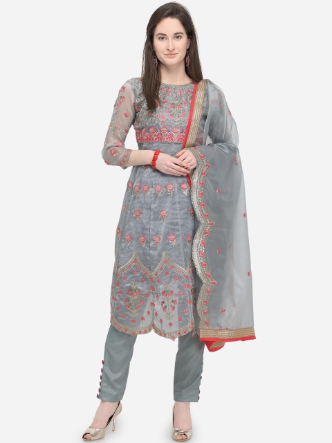 

mf Grey & Pink Organza Semi-Stitched Dress Material