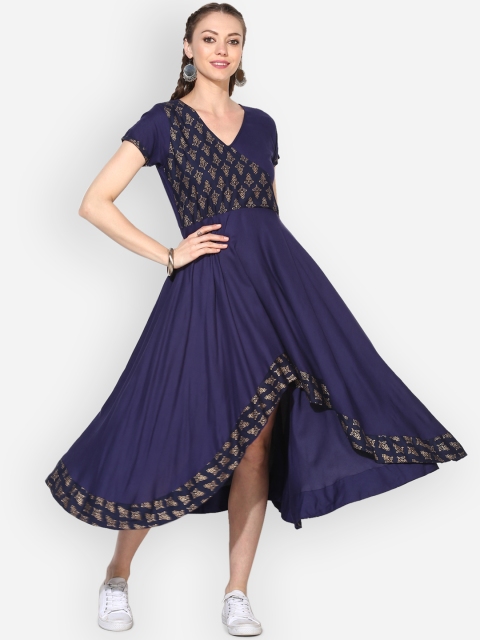 

Myshka Women Navy Blue Printed Fit and Flare Dress