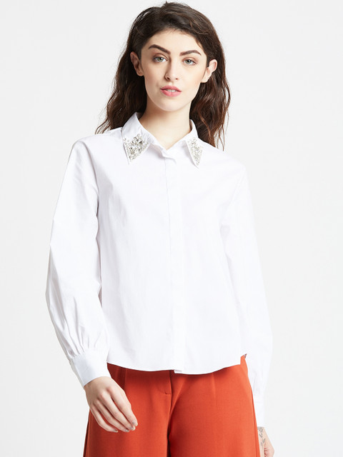 

COVER STORY Women White Embellished Shirt Style Top