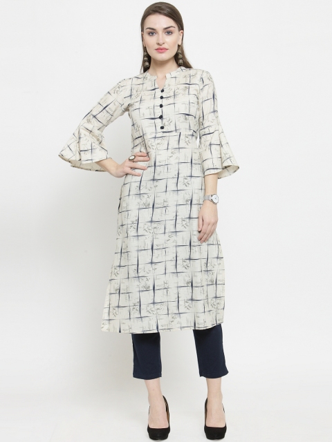 

Indibelle Women Off-White & Blue Printed Kurta with Trousers