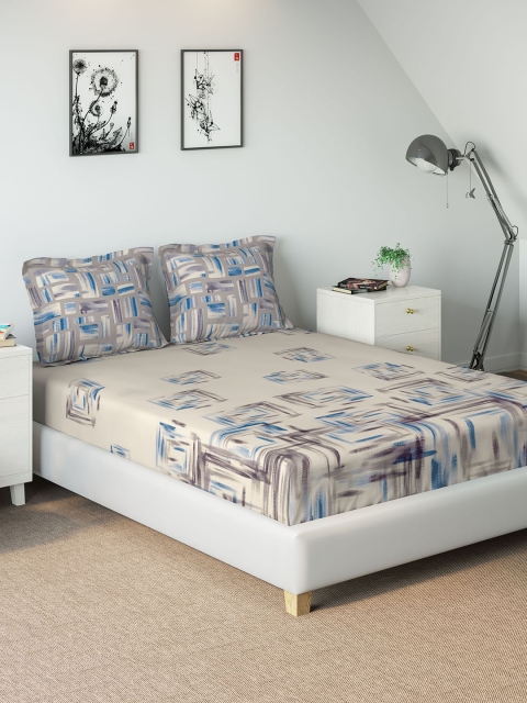 

DDecor Beige & Blue Abstract 210 TC Cotton 1 King Bedsheet with 2 Pillow Covers