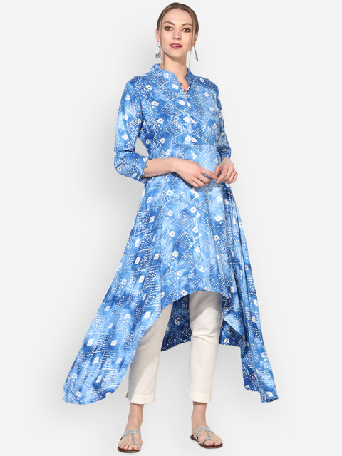 

Myshka Women Blue Printed Asymmetrical Hem A-Line Kurta