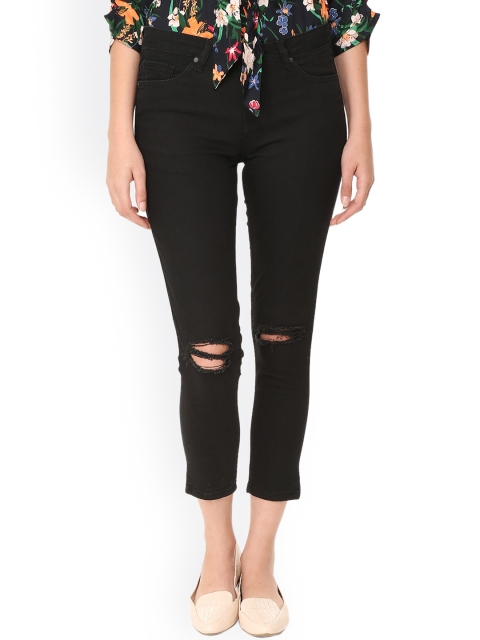 

People Women Black Skinny Fit Mid-Rise Slash Knee Stretchable Jeans