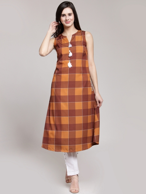 

plusS Women Orange & Brown Checked A-Line Kurta