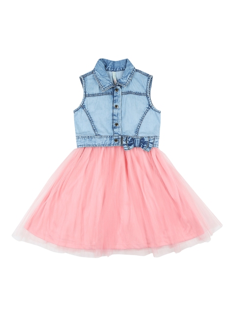 

Pantaloons Junior Girls Blue & Peach-Coloured Solid Denim Shirt Dress